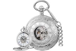 Alwesam Vintage Design Case Mechanical Men's Watch Double Face Roman Numerals Clock Hand Wind Pocket Watch with Chain&Box