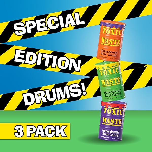 TOXIC WASTE – HAZARDOUSLY SOUR CANDY – 5 ASSORTED FLAVORS & 1 NEW MYSTERY FLAVOR – SPECIAL EDITION PURPLE, ORANGE, & GREEN DRUMS – 3-PACK