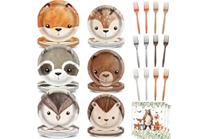 CHUNNIN 96Pcs Woodland Party Paper Plates and Napkins for Animal Party Decorations Woodland Creatures Dessert Plates Disposable Tableware for Kids Serves 24 Baby Shower Birthday Forest Animal Themed Supplies