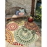 Unique Loom Outdoor Modern Collection Area Rug - Spark (5' 1" Round, Beige/ Burgundy)