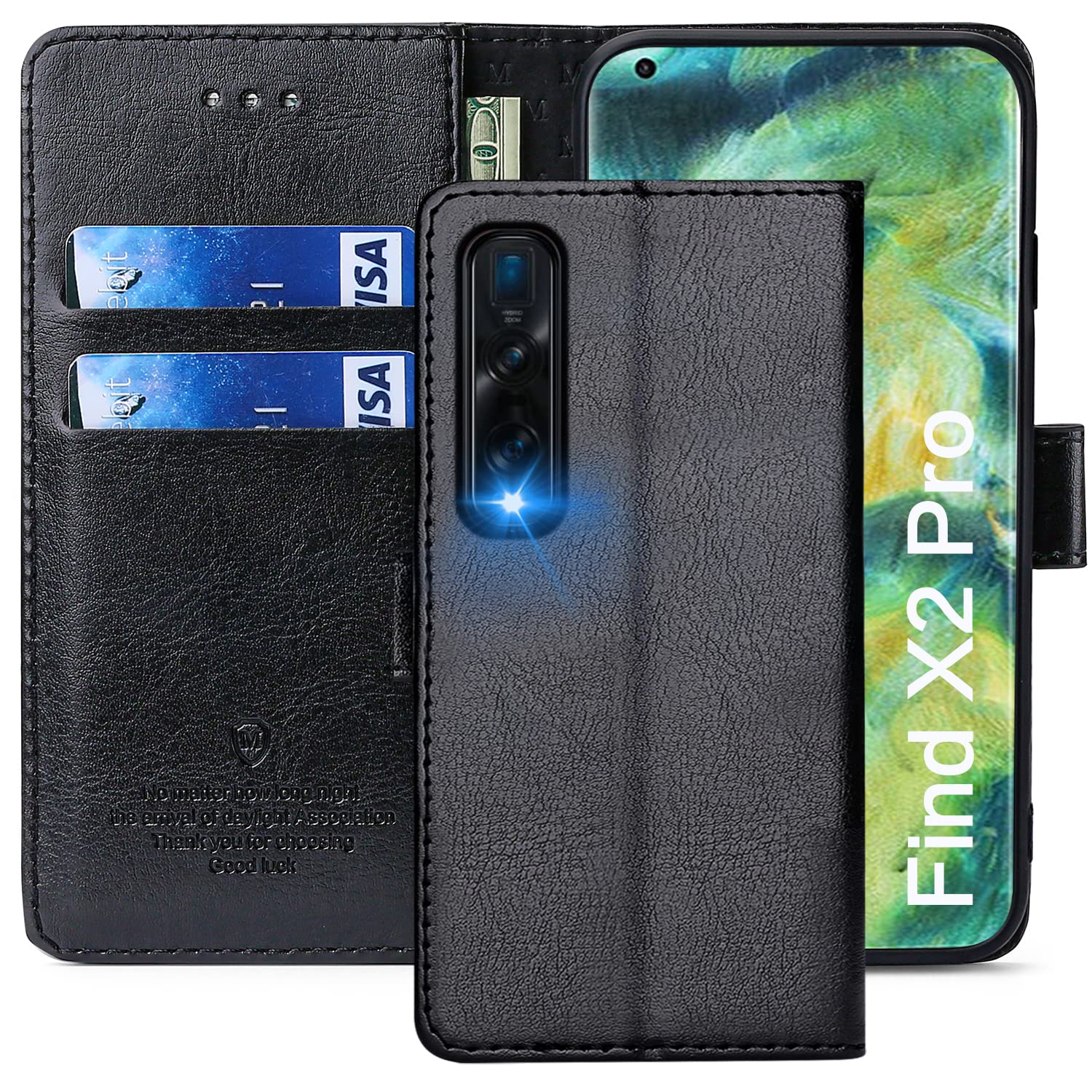 FMPCUON Case For OPPO Find X2 Pro,High-grade Leather Flip Wallet Phone Case Cover for OPPO Find X2 Pro Inches [Card Slots] [Kickstand] [Magnetic Closure]-(Black) — image 1