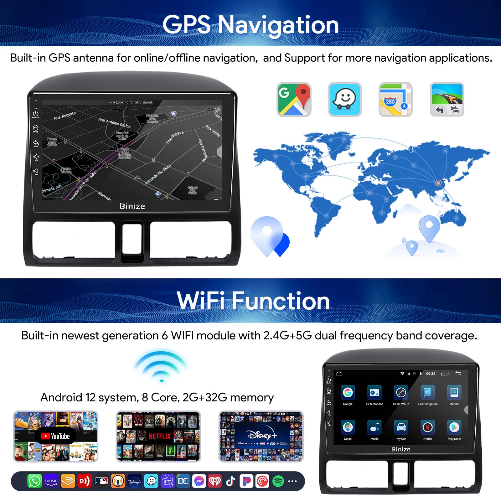 Binize Car Stereo Double Din Apple Carplay Android Auto 7 Inch Touch Screen Car