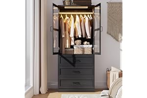 HLIVELOOD 75" Tall Farmhouse 2 Doors Armoire Wardrobe Closet with 3 Drawers and LED,Freestanding Closet Wardrobe Cabinet for Bedroom with Hanging Rod,Wooden Armoire Storage Cabinet with Adjustable shelve(Black)