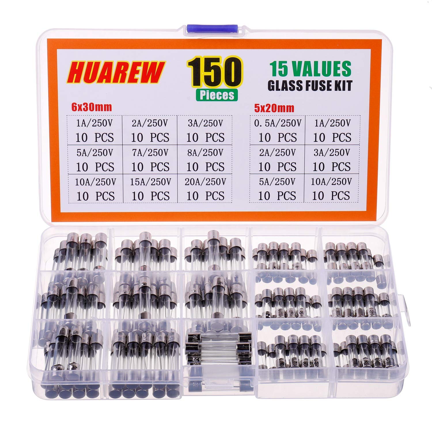 HUAREW 15 Values 150 Pcs Fast Blow Glass Fuses 250 V 5x20 mm 0.5 1 2 3 5 10 A 6x30 mm 1 2 3 5 7 8 10 15 20Amp Assortment Kit