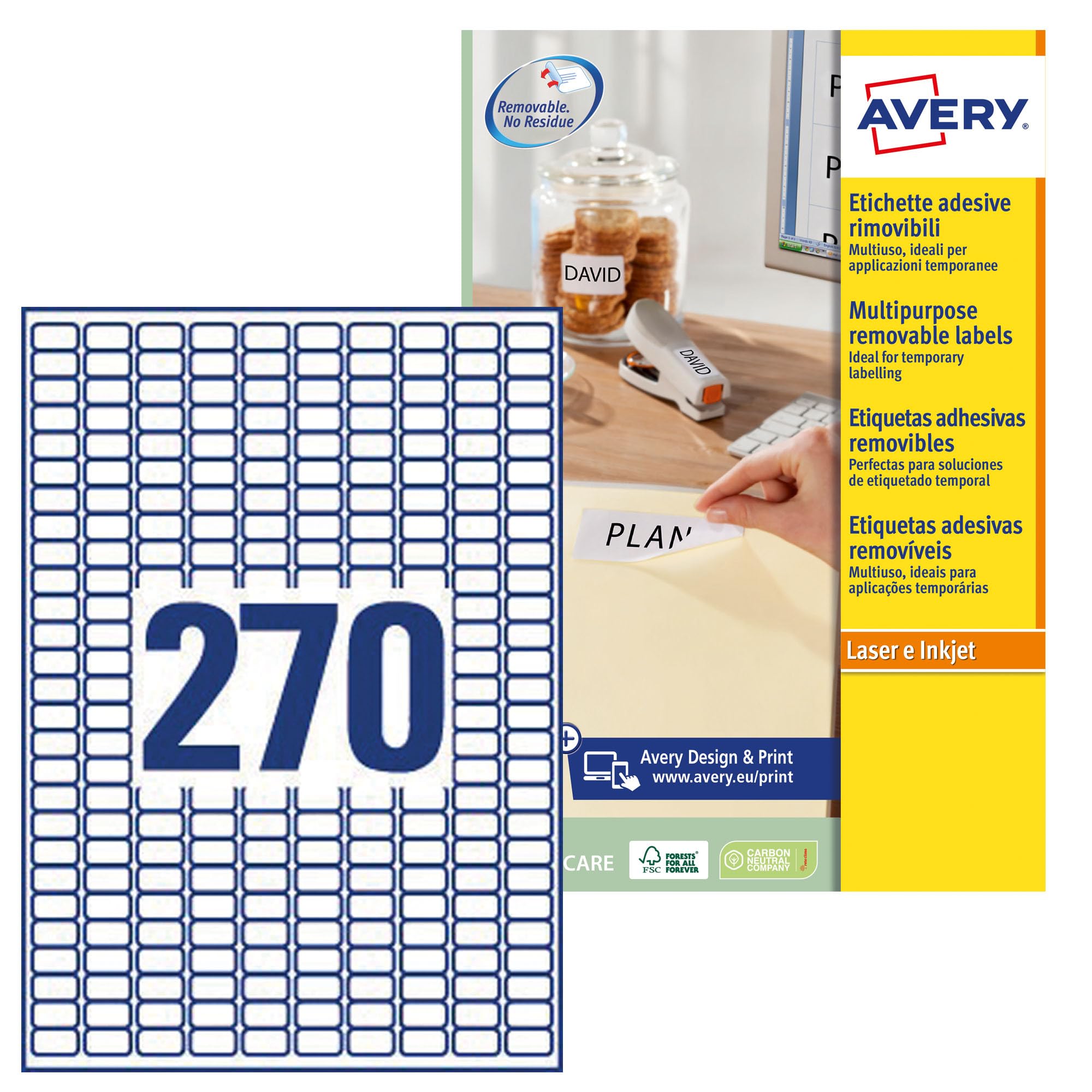 Avery Removeable. No Residue, Printable, Multipurpose Labels, Customisable, 17.8 x 10mm, 270 Labels per Sheet, 6750 Blank Labels per Pack (L4730REV-25)