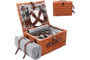 MODERN-DEPO Willow Picnic Basket for 4 Persons with Insulated Compartment, Picnic Basket Set with Utensils Cutlery Perfect for Valentine Day Wedding, Wicker Hamper for Outdoor Patio Lawn Garden Picnic & Camping