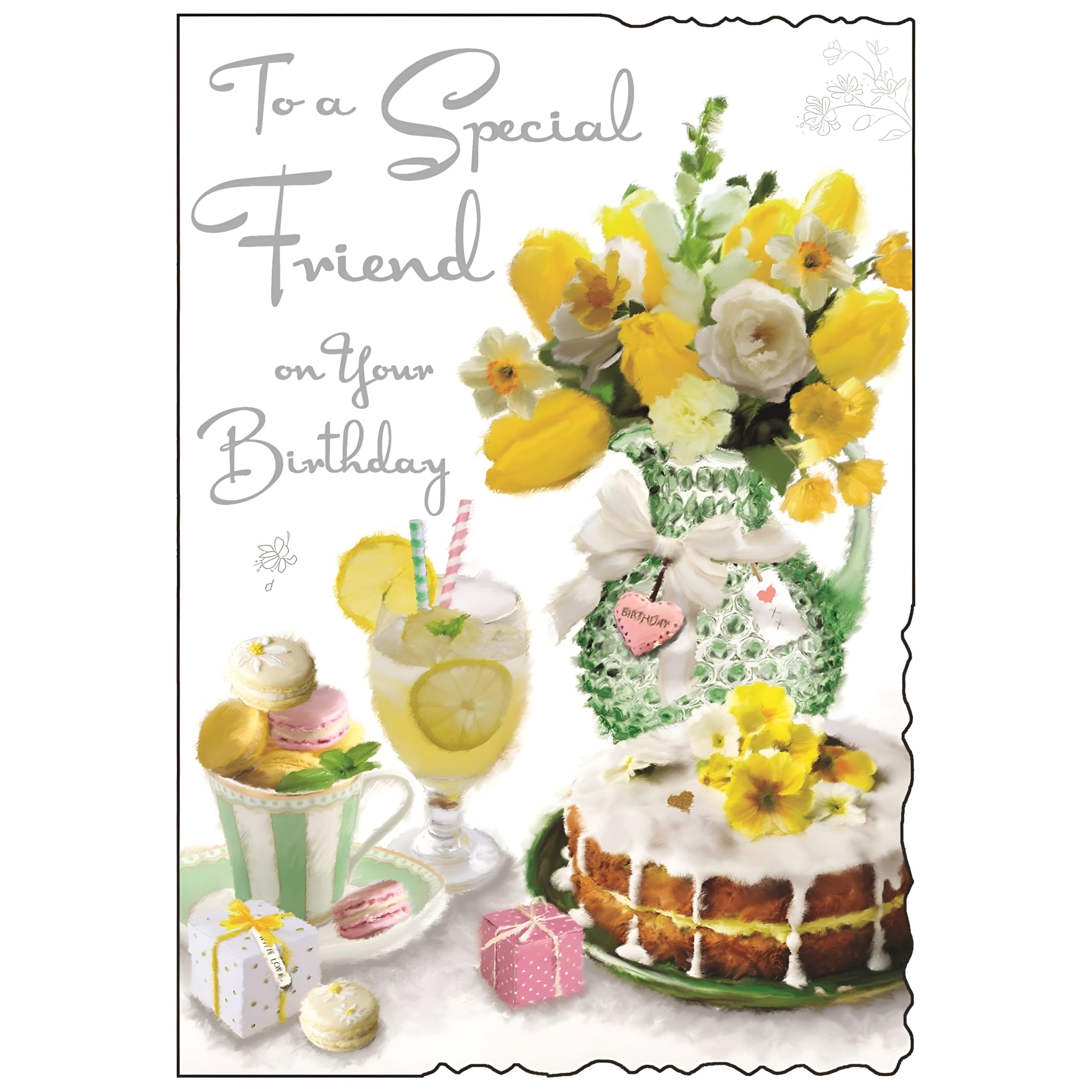 Jonny Javelin Special Friend Birthday Card - Happy Birthday Card with Lemon Cake and Flowers Design and Embossed Foil and Flitter Details - Birthday Card for Women