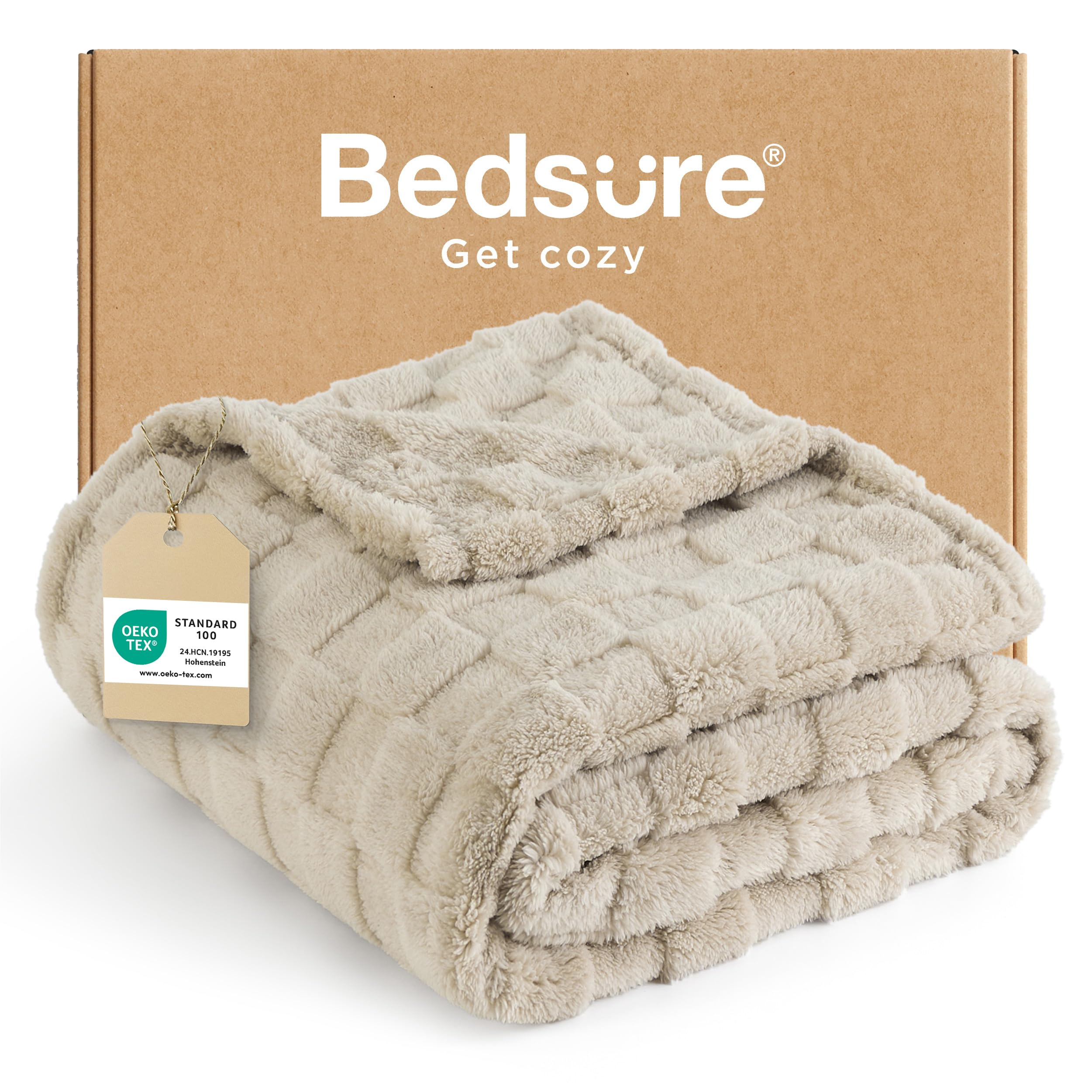 Bedsure Fleece Throw Blanket for Bed - Soft Cosy Checkered Blankets for Sofa, Fluffy Warm Double Throw for Women and Girls, Beige, 150x200 cm