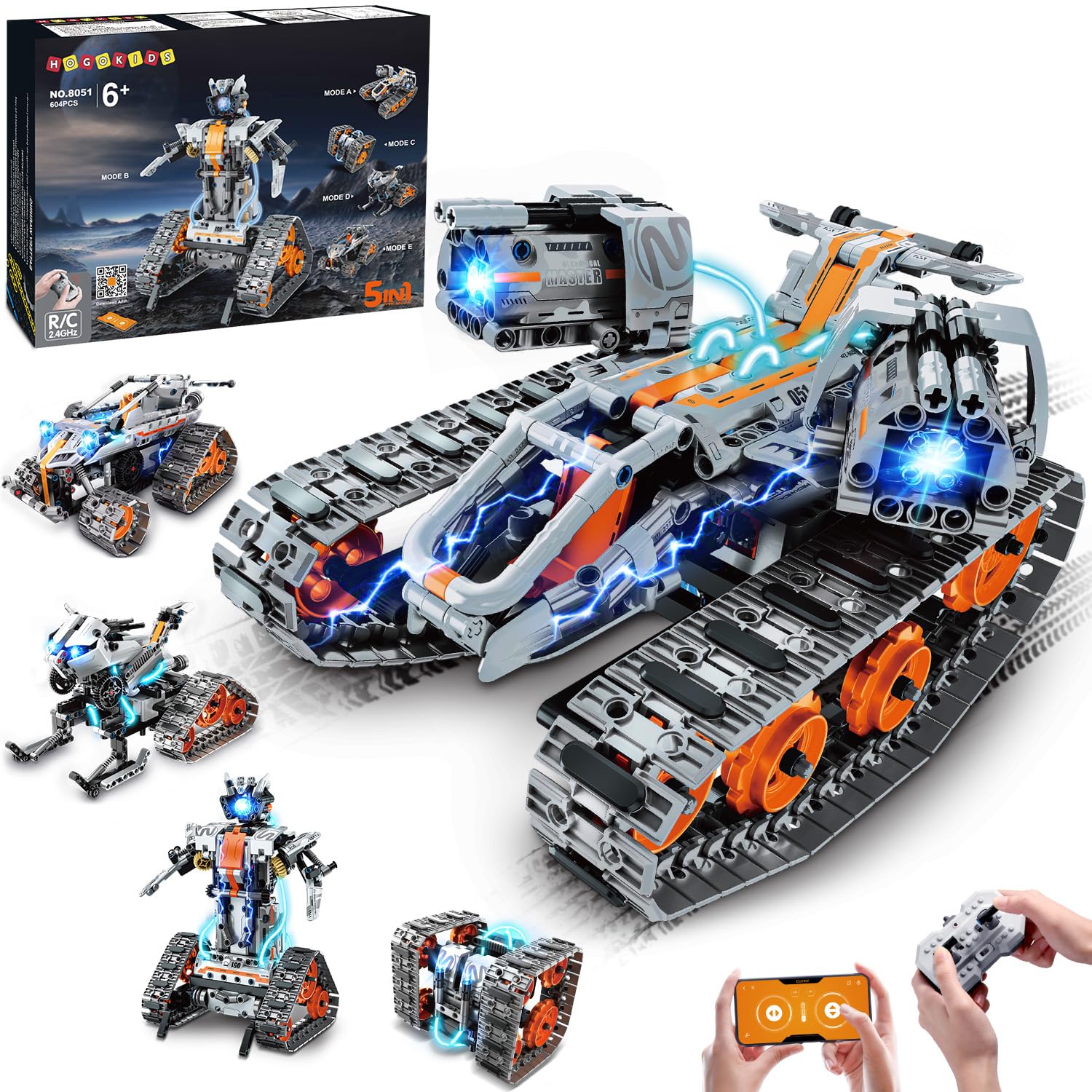 HOGOKIDS 5-in-1 Roboter Bausatz mit LED, RC-Technik Bauspielzeug mit App & Fernbedienung, Panzer-Rennwagen, programmierbar, wiederaufladbar, Geschenk für Jungen und Mädchen von 6–12+ Jahren(604 Teile)