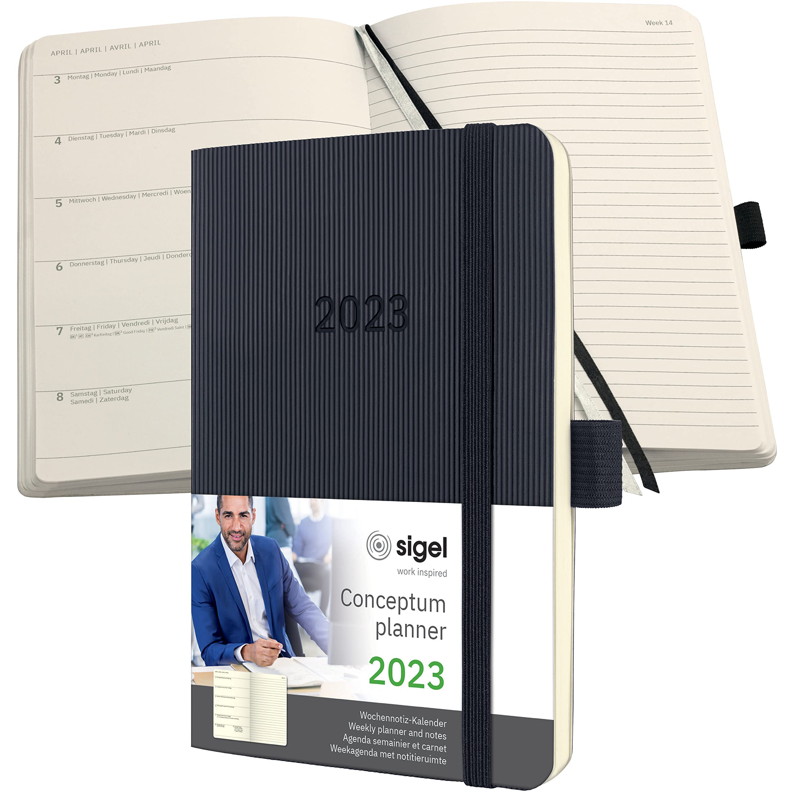 SIGEL C2325 Weekly planner and notes Conceptum 2023 - approx. A6 - black - Softcover - 2 pages = week on left/notes on right - 176 S.