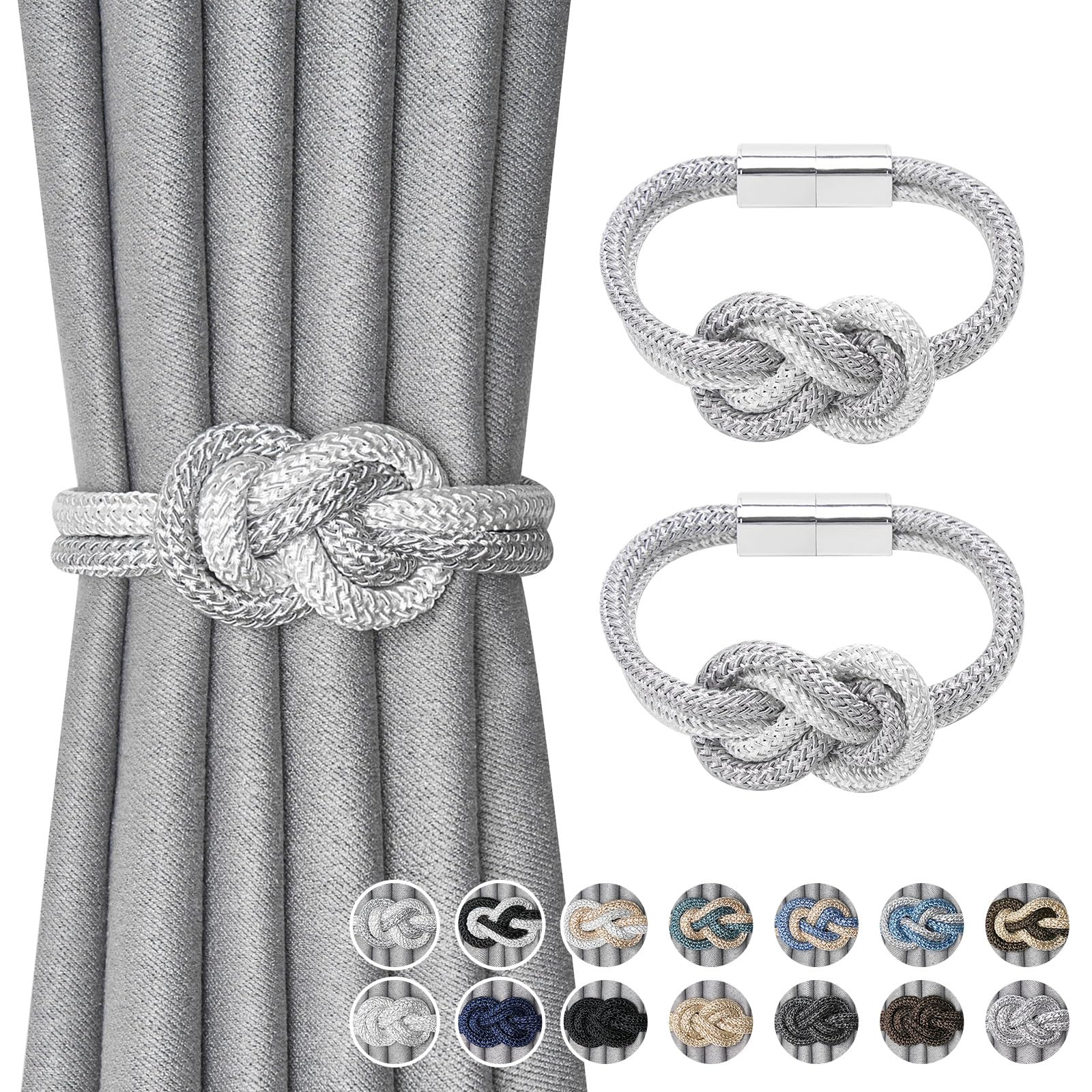 Pretty Jolly 2 Pack Mini Magnetic Curtain Tiebacks Nordic Simple Style Drape Tie Backs Elegant Hand Weave Rope Knot Decorative Curtain Holdbacks for Home & Office Window Drapery (Grey & White)