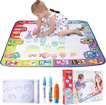 Pedy Tapis Dessineau Tapis Magique Doodle De Peinture Avec 3 Stylos à Eau78x78cm4 Moules En Plastique1 Forme Eva De 6 Formes1 Livret De