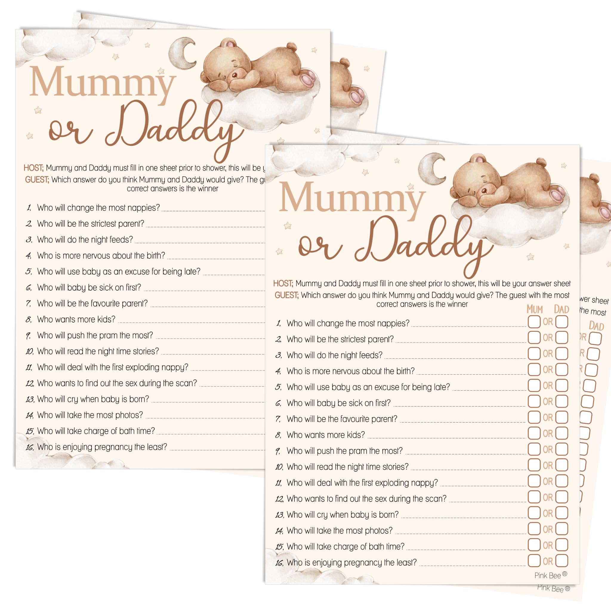 Pink Bee Parties Mummy or Daddy Baby Shower Game in Teddy Bear Theme - 40 Players