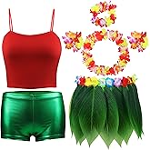 Shihanee 7 Pcs Leaf Hula Skirt and Hawaiian Leis Set Hibiscus Flowers Necklace Bracelet Headband Vest Shorts Hawaiian Costume