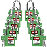 TRADESAFE Lockout Locks, 10 Green Loto Locks Keyed Different, 2 Keys Each | Non-Conductive Nylon Lockout Padlocks, Stainless Steel Shackle, Key Retaining Brass Core Cylinder, Multilingual Labels
