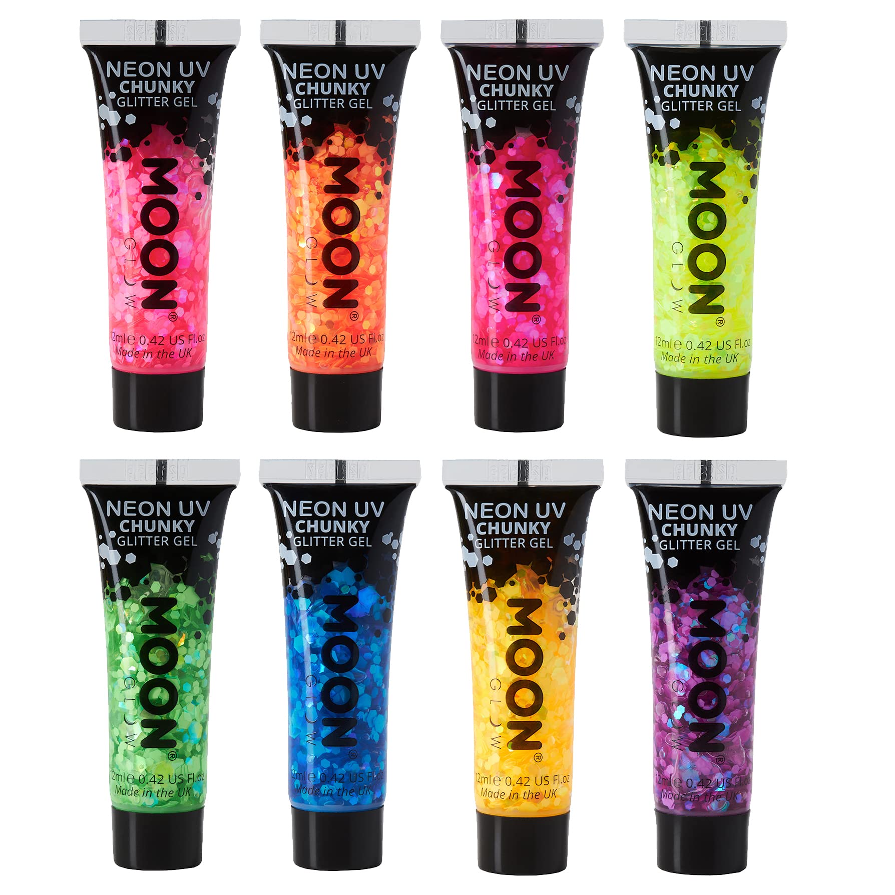 Moon Glow - Neon UV Face & Body Chunky Glitter Gel - 12ml (Set of 8)