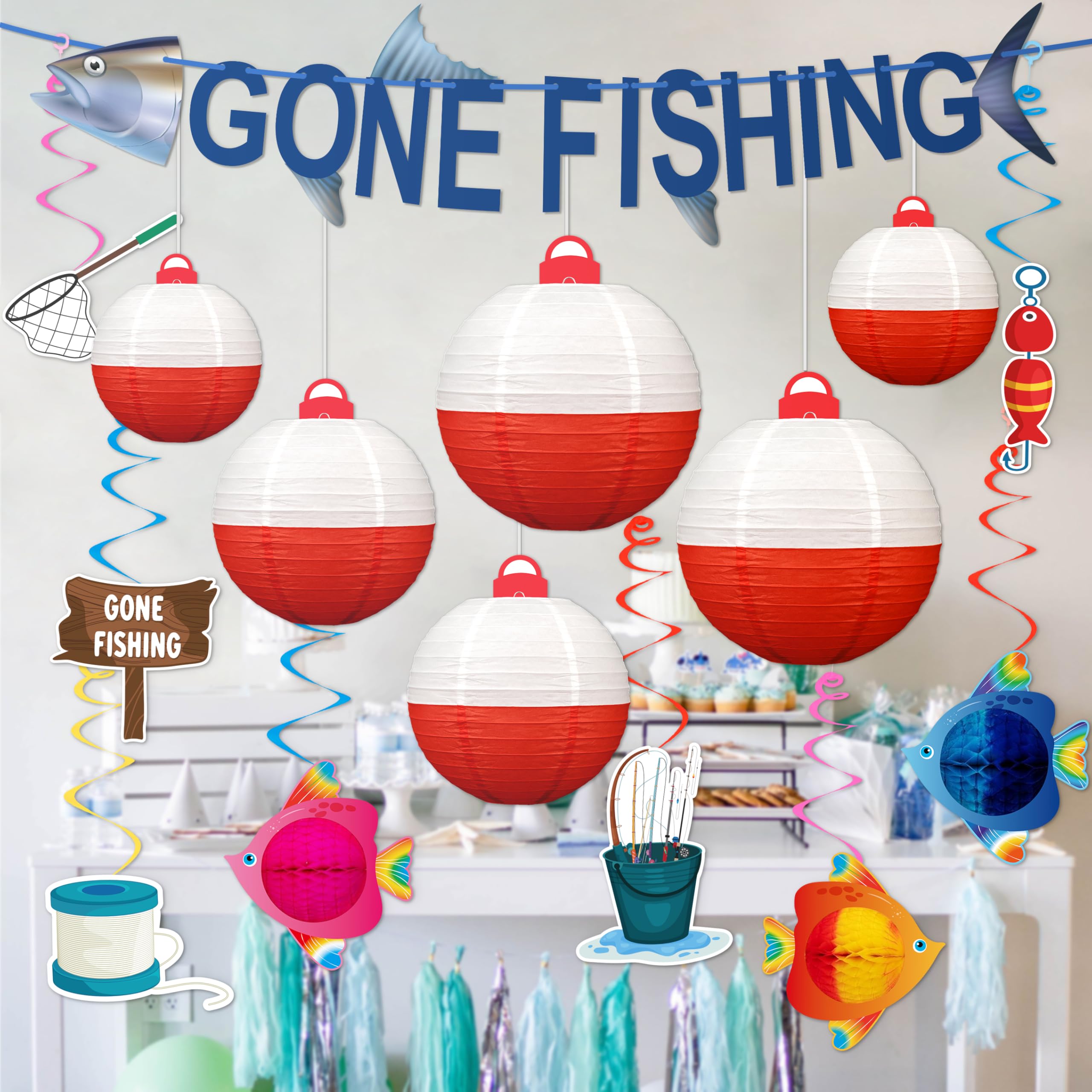 Photo 1 of 15Pcs Gone Fishing Party Decorations Bobber Paper Hanging Lanterns Fish Banners Under-the-Sea Hanging Swirls for Summer, Mermaid, Luau, Hawaiian, Ocean, Birthday, Beach Decor Supplies