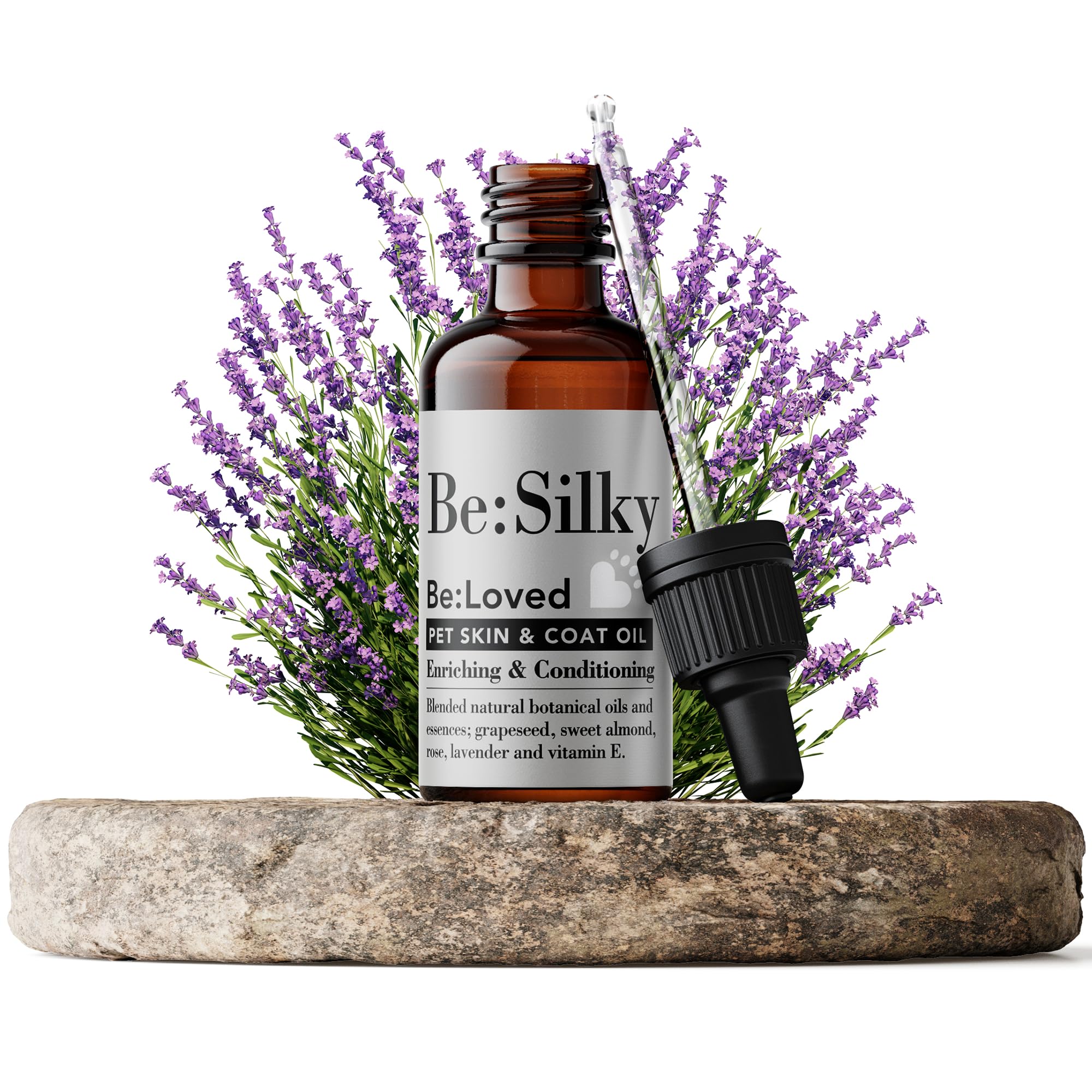 Be:Loved - Be:Silky Pet Fur & Coat Oil - 50ml - Cat and Dog Detangler - Natural Skin & Coat Massage with Grapeseed, Sweet Almond, Rose & Lavender - Handmade in UK