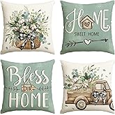 AVOIN colorlife Bless Our Home Farmhouse Eucalyptus Leaves Throw Pillow Covers, 16 x 16 Inch Blue Truck Home Sweet Cushion Case Decorations Set of 4