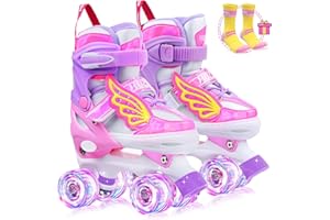 Hozzen Girls Roller Skates for Kids Boys Girls, 4 Size Adjustable Light Up Roller Skates for Kids, with 8 Light UP Wheels, Rainbow Roller Skates for Toddlers Beginner Kids (9C-6Y S M L)