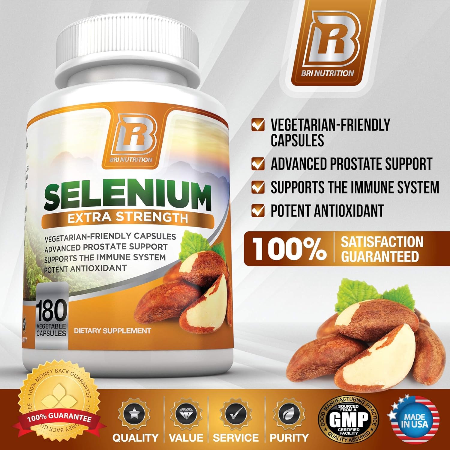 BRI Nutrition Selenium - Natural Antioxidant Supplements Helps to Fortify Immune System, Maintain Heart Health & Combat Free Radical Damage - 200mcg, 180 Vegetable Cellulose Capsules: Health & Personal Care