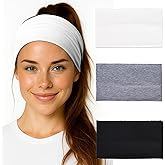 Wide Headbands for Women 3 Pack – Soft Stretch Cloth Hair Bands for Workout, Yoga, Skincare & Daily Wear – Thick Non Slip Headbands in Black, White & Gray, Comfortable Hair Accessories for Women