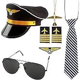 Flotory 6 Pcs Kids Pilot Costume Accessories Pilot Captain Hat Dress Up Flight Airline Costume Kit with Sunglasses for Career Day
