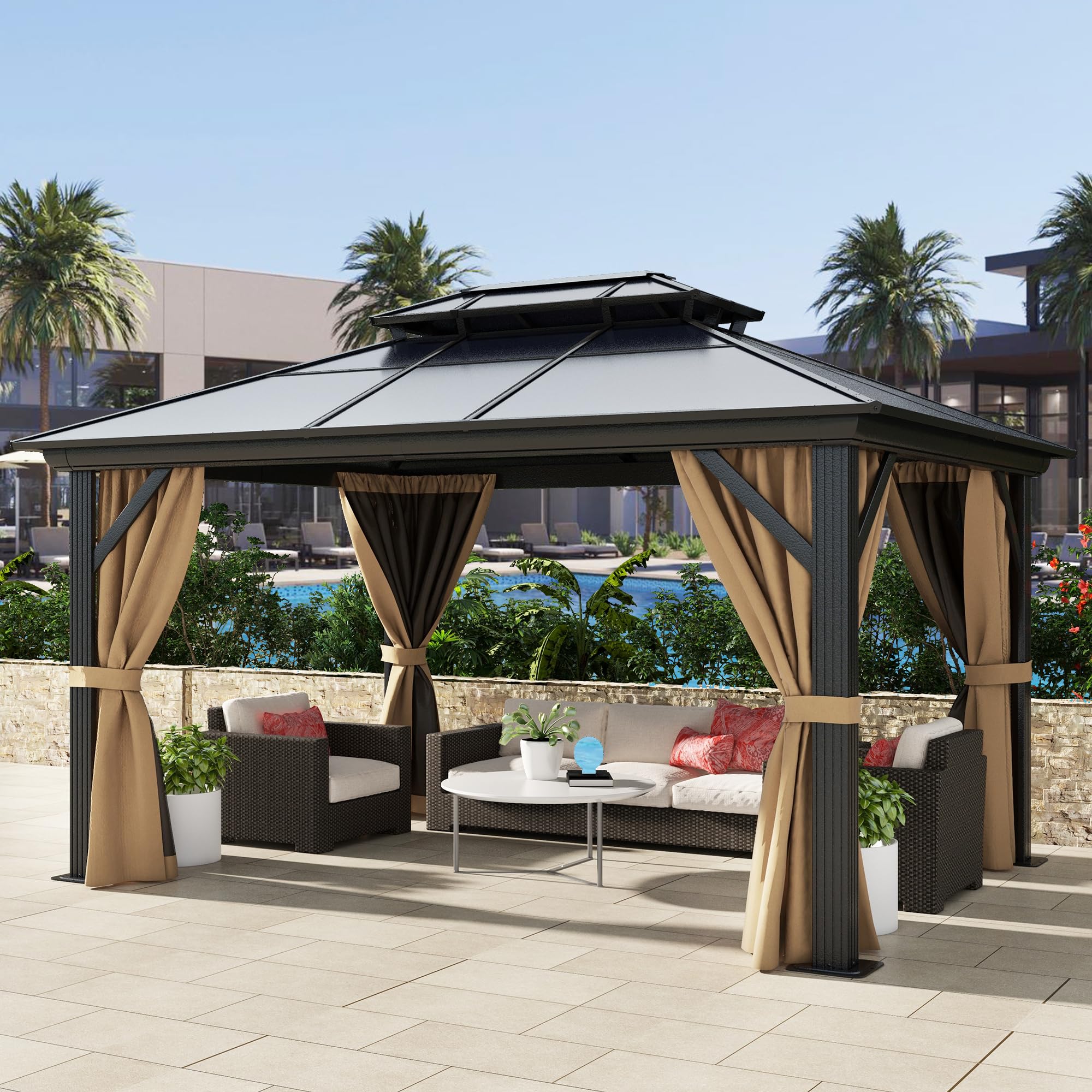 Photo 1 of ***PARTS ONLY***
DWVO 10x12ft Hardtop Gazebo Double Roof Polycarbonate Canopy Outdoor with Netting and Shaded Curtains, Aluminum Frame Garden Tent for Patio, Backyard, Deck and Lawns, Brown