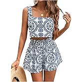 SweatyRocks Women's Summer Outfits Tribal Print Crop Tank Top and Wide Leg Shorts 2 Piece Set