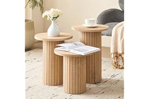 Lecafur HL 3-Piece Nesting Coffee Table Set, Modern Small Round Wood Side Tables, Fluted Drum Base, for Living Room Bedroom Apartment Small Space, Natual