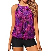 Yonique Tankini Swimsuits with Shorts - Tummy Control Two Piece Blouson Bathing Suits High Neck Swimwear