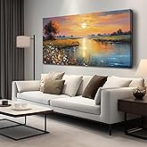 Orange Yellow Sunset Lake Landscape Canvas Wall Art with Colorful Wildflowers & Distant Mountain, Serene Nature Scene Large Picture Print Painting Artwork for Living Room Bedroom Decor 58x29 Inches