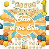 Cheereveal One in the Sun 1st Birthday Decorations for Boy: Banner, Backdrop, Cake Topper, Balloons, Cupcake Toppers, Number 1 Foil Balloon, Ribbons - Yellow, Orange, White - Boho Sun Theme