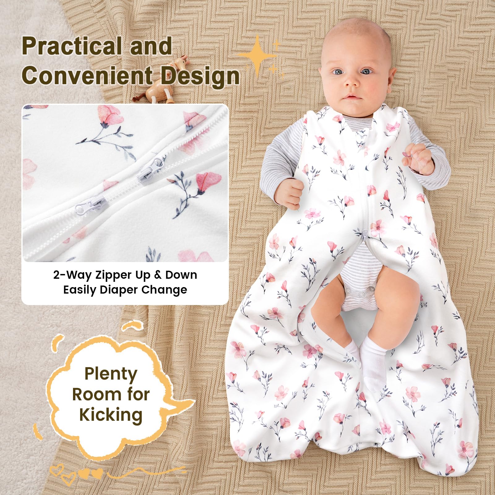 PHF 3 Pack Warm Micro-Fleece Baby Sleep Sack 6-12 Months, Soft Baby Wearable Blanket, 2-Way Zipper Sleeping Bags, Comfy Toddler Sleeping Sack for Girls, Medium Size, Floral