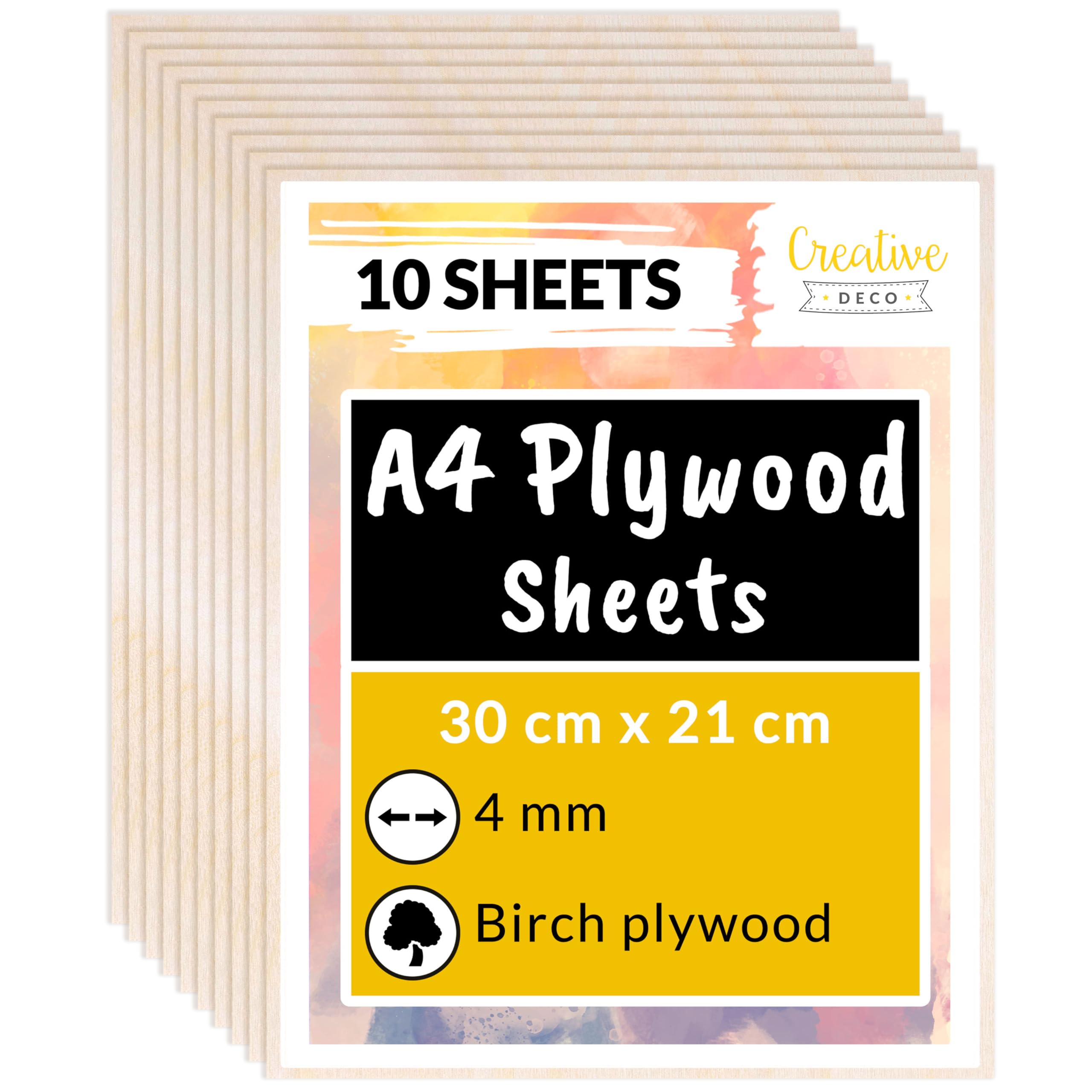 Creative Deco 10 x A4 Birch Plywood Sheets | 300 x 210 x 4mm (+/-2mm) Baltic Wood Ply | Perfect Laserable Board for Wood DIY Home Decor Arts Craft Painting Laser Cutting CNC Stenciling Pyrography
