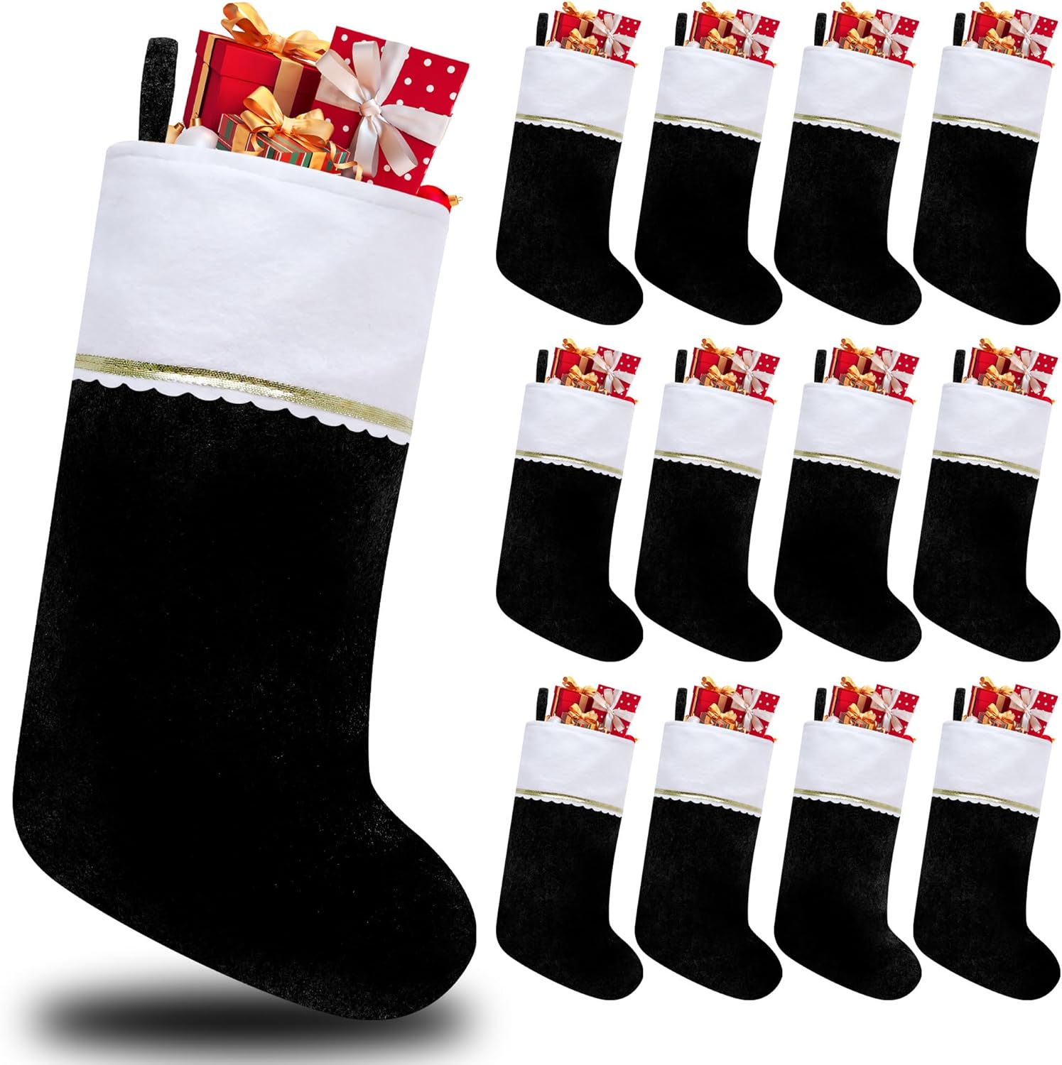 Stockings & Holders - Tokforty 12 Pack Felt Christmas Stockings, 19 Inches Black and White Christmas Stockings Hanging Ornaments, White Cuff with Gold Trim Christmas Stockings for Family Christmas Holiday Decorations