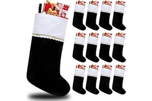 Tokforty 12 Pack Felt Christmas Stockings, 19 Inches Black and White Christmas Stockings, White cuff with Gold Trim Christmas Stockings for Family Christmas Holiday Decorations