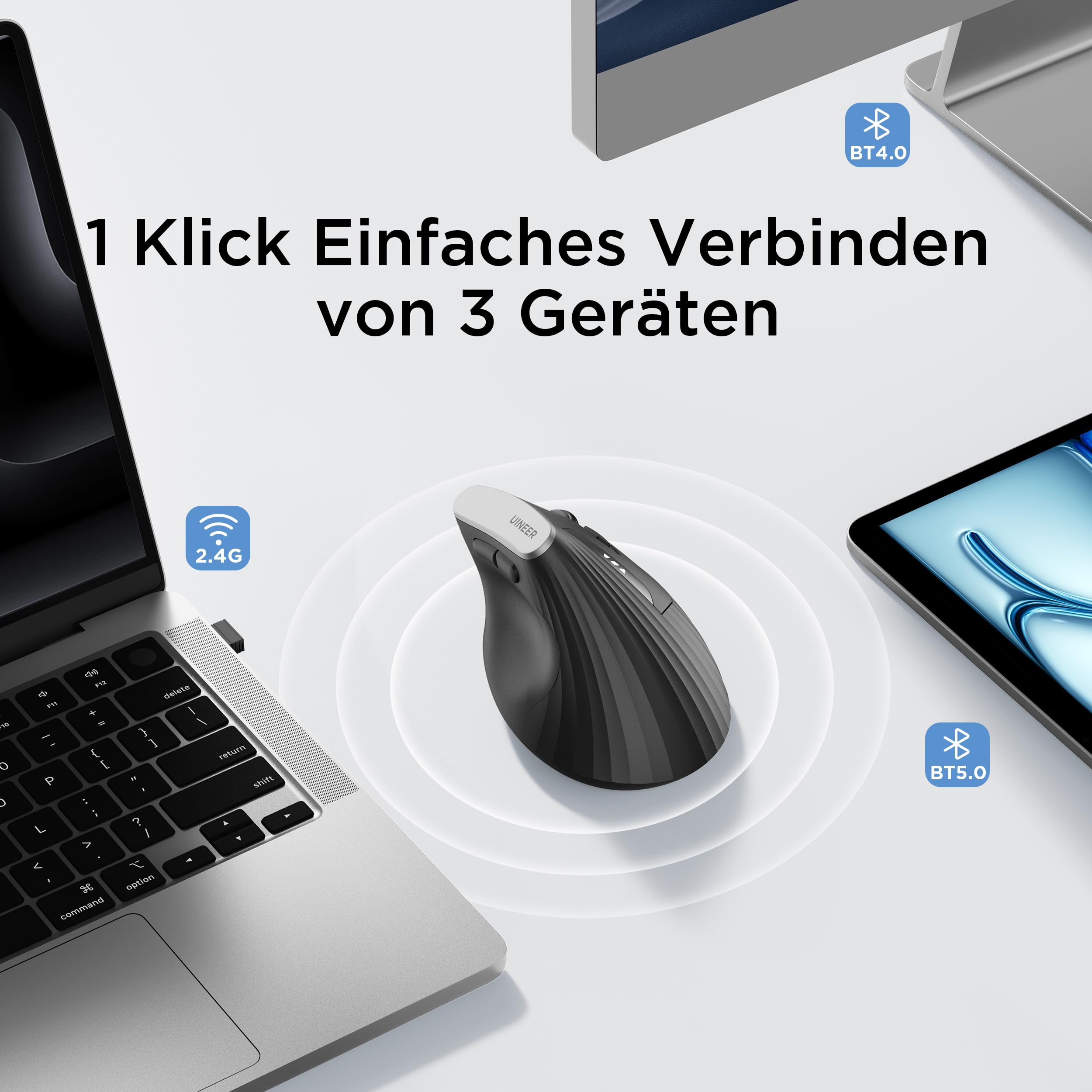 Uineer kabellose Maus, Multi-Device Tri-Mode Maus, sichtbare Leistungsstufe (2.4G+BT4.0/BT5.0) Wiederaufladbare Wireless Mouse, 4 einstellbare DPIs, 6 Tasten, für Laptop, Desktop, PC (Schwarz) 2