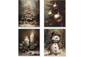 KSDUT Christmas Art Prints Decor Set of 4 - Vintage Retro Winter Holiday Xmas Artwork Poster Christmas Tree Snowman Wall Decor for Home Farmhouse Bedroom Gallery Decorations - 8"x10" Unframed