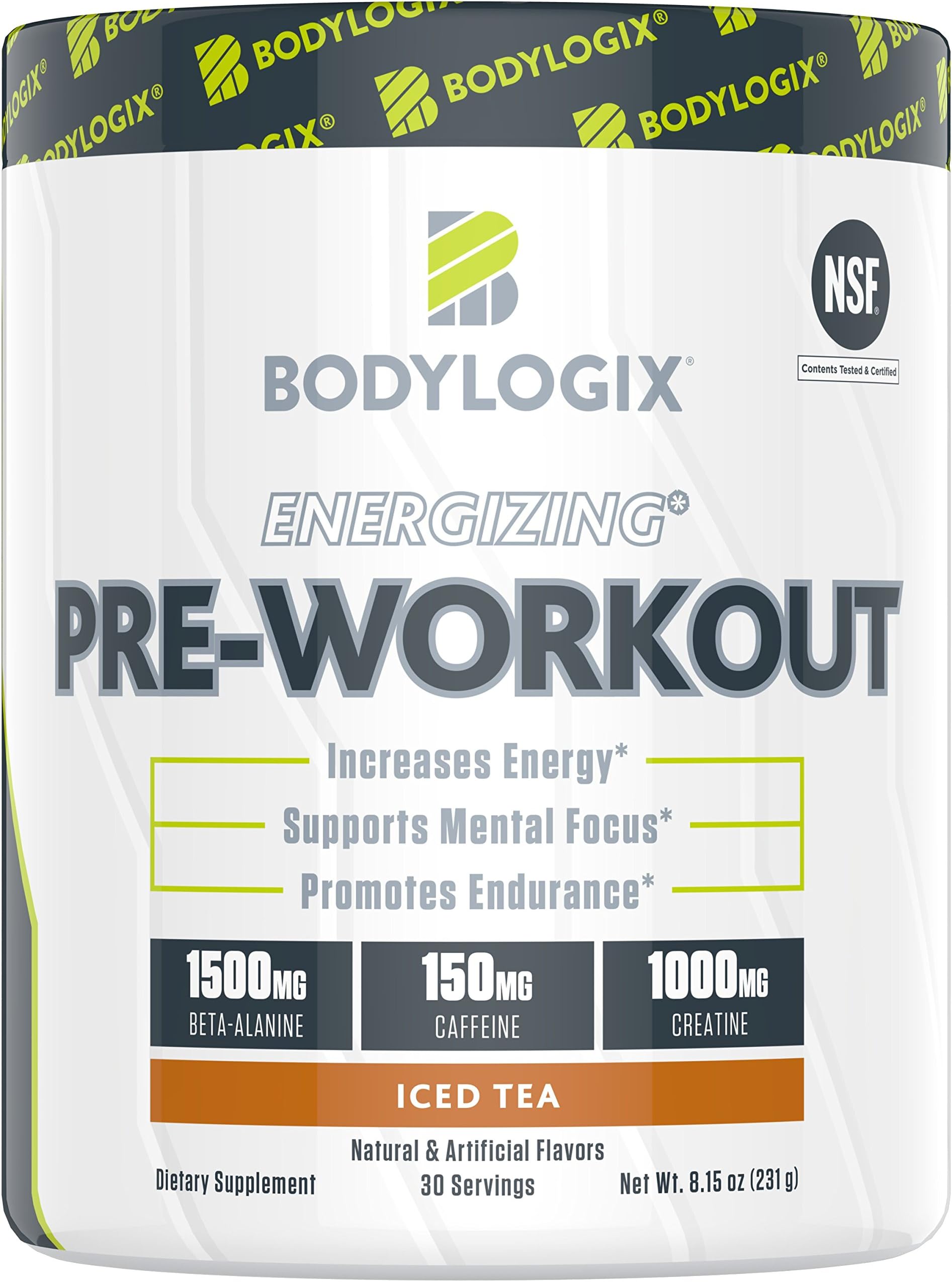 Bodylogix Energizing Pre-Workout Powder, NSF Certified, Iced Tea, 30 Servings