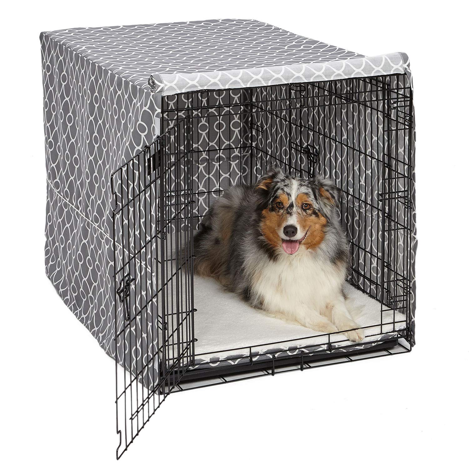 MidWest Homes for Pets Large Dog Crate Cover With Teflon Fabric Protector, Poly-Cotton Privacy Kennel Cover Fits Most 106 cm Crates, Gray Designer Print, Washable, Reduces Barking, CVR42T-GY