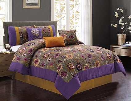 Amazon Com 7 Piece Purple Gray Gold Clay Floral Printed Comforter