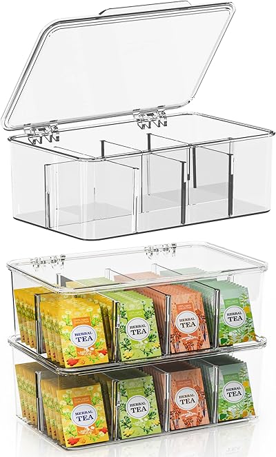 KICHLY Teebeutel-Organizer, 3 Stück, stapelbarer Teebeutel-Aufbewahrungs-Organizer mit transparentem Deckel, Teebeutelhalter für Arbeitsplatten, Küchenschränke, Speisekammer, Süßstoffe, Kunststoff