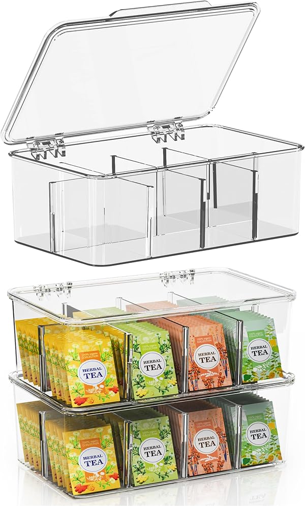 KICHLY Teebeutel-Organizer, 3 Stück, stapelbarer Teebeutel-Aufbewahrungs-Organizer mit transparentem Deckel, Teebeutelhalter für Arbeitsplatten, Küchenschränke, Speisekammer, Süßstoffe, Kunststoff