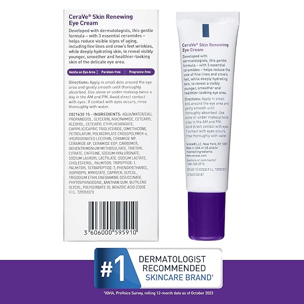 CERAVE SKIN RENEWING EYE CREAM FOR WRINKLES, UNDER EYE CREAM WITH PEPTIDES + CAFFEINE + NIACINAMIDE, FOR WRINKLES & CROWS FEET, PARABEN FREE & OPTHALMOLOGIST TESTED