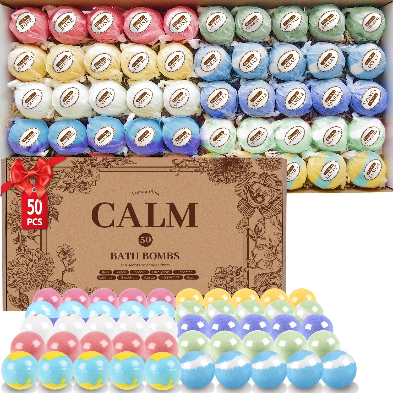 TranquilBliss Bath Bombs Set 50 PCS with 10 Rich Scents, Bath Bombs for Women, Natural Bubble Bombs with Shea Butter & Safe Oil, Ideal for Valentines, Birthday, Mother's Day Present (Brown) Image