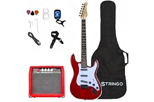 STRINGO Red Electric Guitar Beginner Kit Full Size 39 Inch Set Includes Tremolo Guitar, 20W Amplifier 3 Picks, Shoulder Strap, Tuner, Bag Case