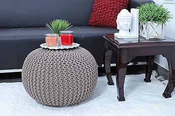Chopra International Cotton Hand Knitted Pouf/Ottoman/Foot Stool for Bedroom, Living Room, 50x50x35 cm (Beige)