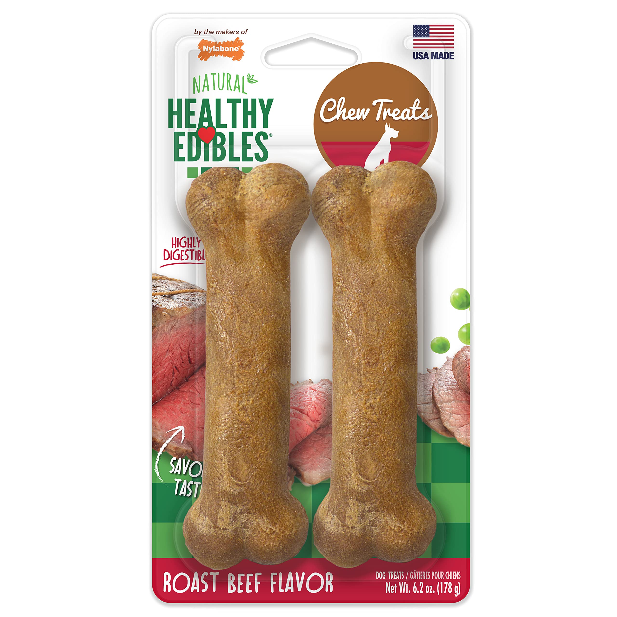 Nylabone Healthy Edibles Wolf Roast Beef Flavored Twin Pack Dog Treat Bone