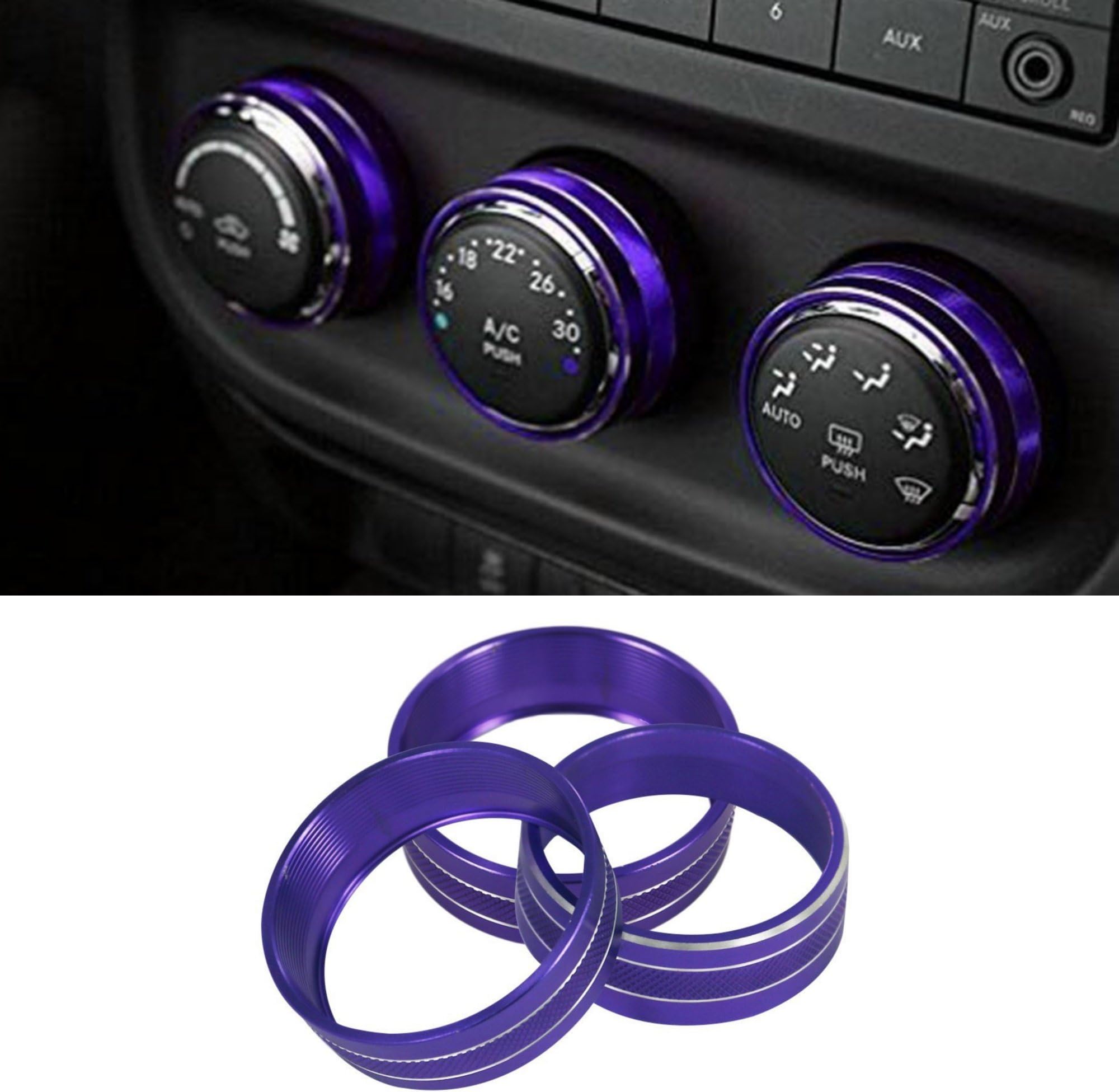 3Pcs Aluminum Alloy Interior Audio Air Condition Twist Switch Ring Control Button Trim Cover Compatible with 2011-2016 Jeep Wrangler JK JKU Compass Patriot, 2008-2014 Dodge Challenger (Purple)